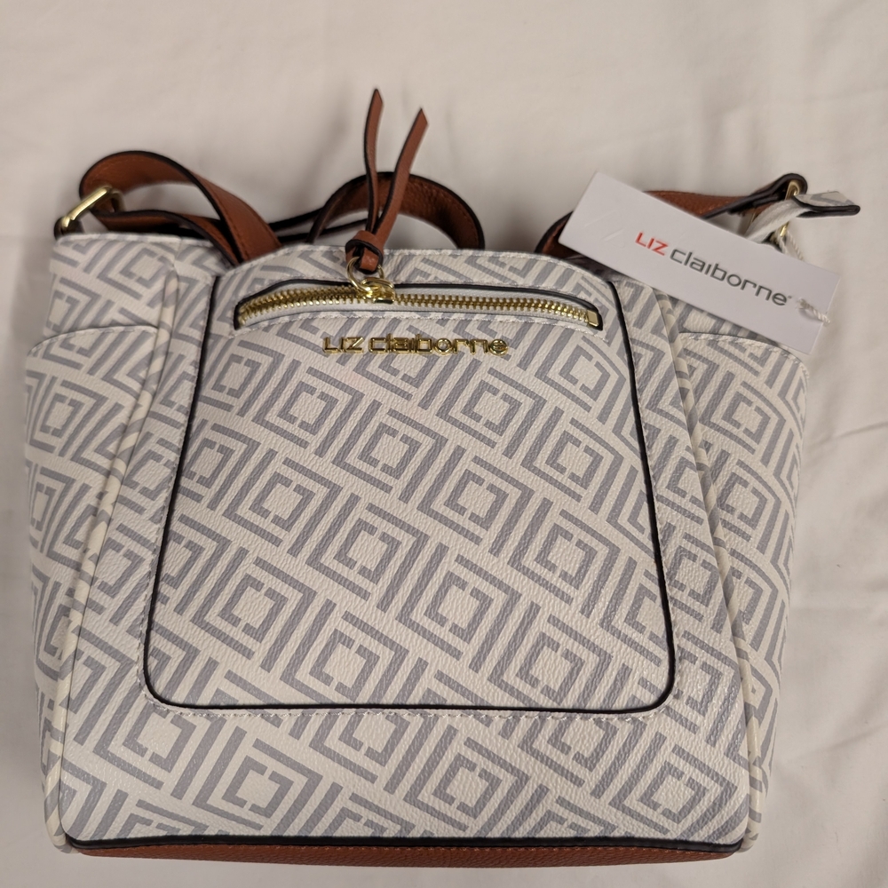 Liz Claiborne White and Gray Shoulder Bag with Geometric Pattern